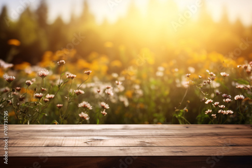 Wooden table on wildflowers background, morning light