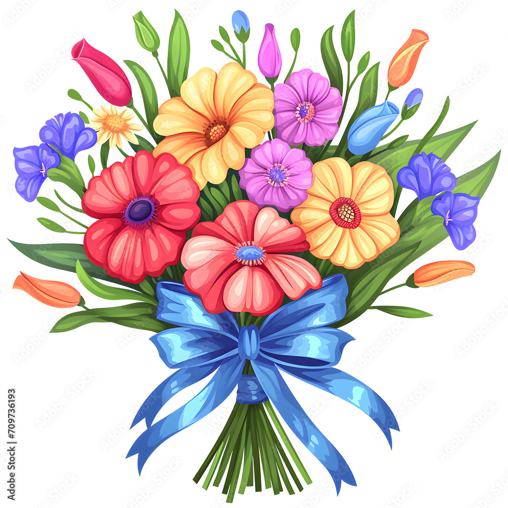 Hope blooms: bouquet of flowers with cancer awareness ribbons isolated on white background, cartoon style, png
