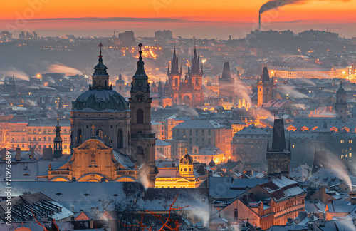city, architecture, church, czech, night, view, sunset, europe, travel, skyline, cityscape, oldtown, building, prague, landmark, sky, landscape, tower, winter, cathedral, old, castle, snow, tourism