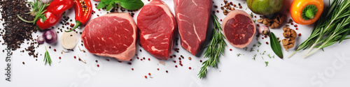 fresh pork steaks and seasonings for marinade top view photo