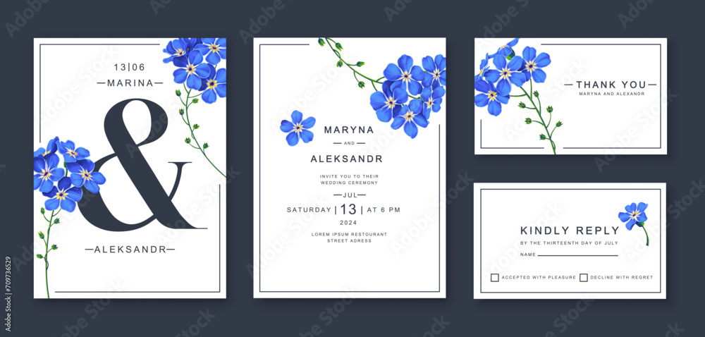 Wedding invitation, floral thank you cards, rsvp modern postcard design with realistic blue forget-me-not flowers. Templates can also be used for advertising, posts in social networks other designs  - obrazy, fototapety, plakaty 