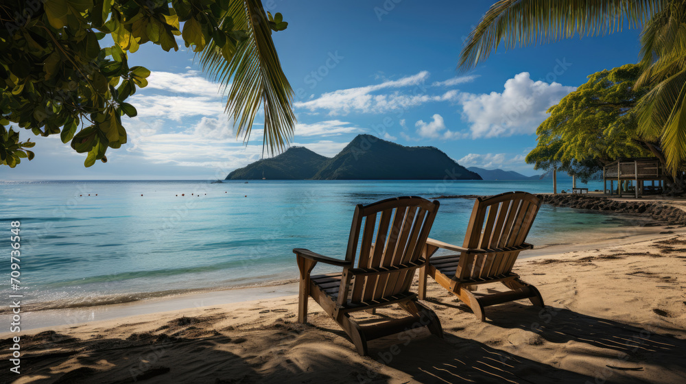 Two wooden chairs face the tranquil sea with a tropical island in the background, epitomizing a peaceful beach vacation setting