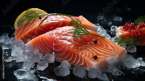red fish salmon ice and lemon on a dark background photo