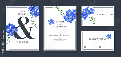 Wedding invitation, floral thank you cards, rsvp modern postcard design with realistic blue forget-me-not flowers. Templates can also be used for advertising, posts in social networks other designs  photo
