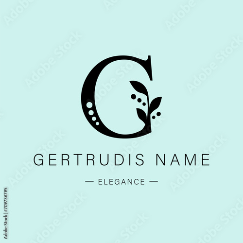 Logo, capital letter G. Monogram of Botanical Minimalistic, Initial. with Organic Plant Elements. Vector design. for tattoo studio