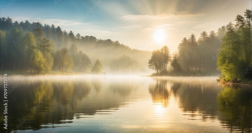 A misty morning on the serene lake, with the sun peeking through the trees and casting a warm glow on the tranquil waters - Generative AI