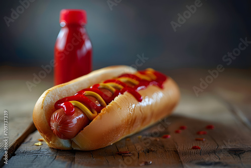 Hot dog with ketchup and yellow mustard food promotion foto