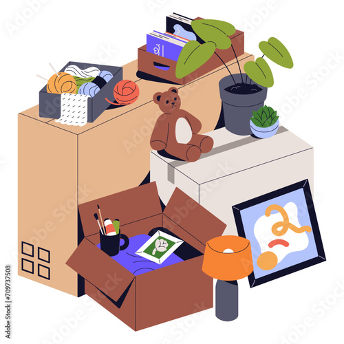 Stack of open cardboard boxes with lots objects, clothes, drawing supplies. Kids toy, stuff in package for relocation. Various properties packed for moving. Flat isolated vector illustrations on white