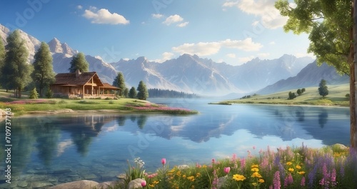 A peaceful retreat by the serene lake, surrounded by towering mountains and a gentle breeze that carries the sweet scent of wildflowers - Generative AI © Huzaifa