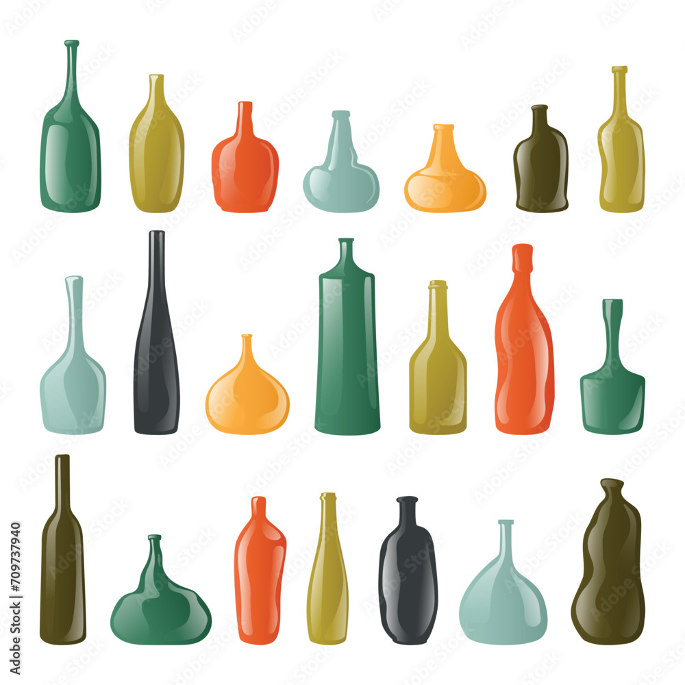 Abstract bottles and vases vector set. Collection of modern curved one-color decorative bottles, vases, and pitchers. Vector icons illustration isolated on a white background. Abstract bottles and vases vector set. Collection of modern curved one-color decorative bottles, vases, and pitchers. Vector icons illustration isolated on a white background.