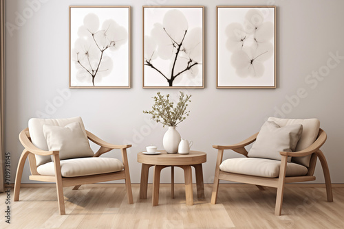 duas poltronas de madeira bege com uma pequena mesa no centro com um vaso de planta e ao fundo quadros decorativos na parede cinza claro. photo