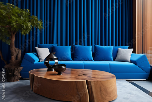 Um sofa azul com cores fortes e saturadas e ao centro uma mesa baixa de madeira natural bruta - Sala de estar de luxo moderna photo