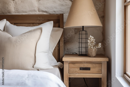 Um quarto de dormir com uma cama e uma mesa de cabeceira com um abajur em cima nas cores branco e bege - Estilo casa de fazenda  photo