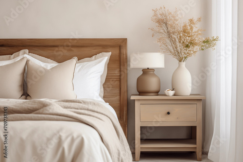 Um quarto de dormir com uma cama e uma mesa de cabeceira com um abajur em cima nas cores branco e bege - Estilo casa de fazenda  photo