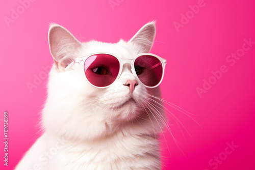 Portrait of a funny cute gray and white fluffy cat in sunny pink glasses lying on a pink background