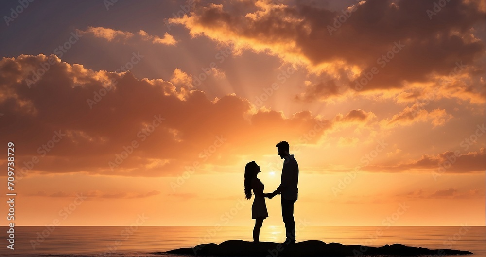 A romantic scene of a couple's silhouettes against a stunning sunset. One figure is down on one knee proposing, while the other figure stands, appearing pleasantly surprised or joyful - Generative AI