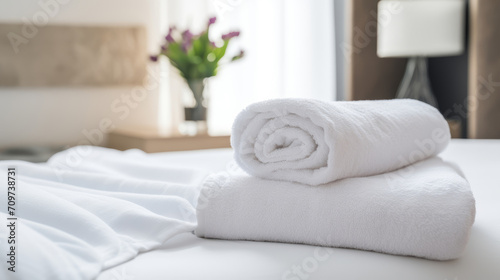 White towel on bed in guest room for hotel customer. © standret