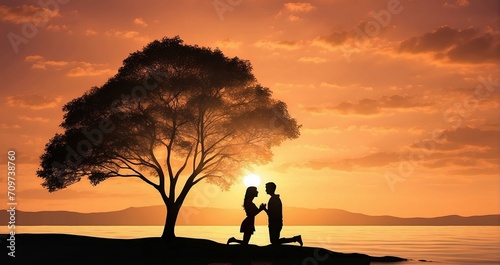 A romantic scene of a couple's silhouettes against a stunning sunset. One figure is down on one knee proposing, while the other figure stands, appearing pleasantly surprised or joyful - Generative AI photo