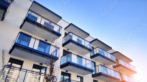 Residential area with modern apartment building. Multi Storey modern, new and stylish living block of flats.