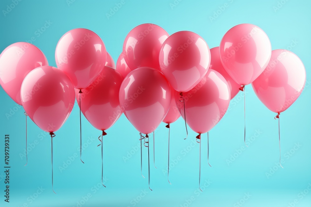 Pink Balloons Released in a Peaceful Blue Environment, on an isolated Turquoise Blue background, Generative AI.