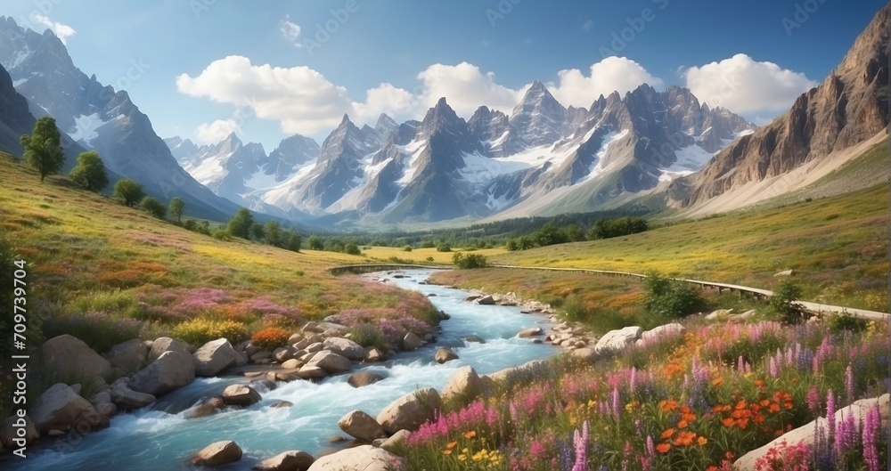 A scene featuring a winding mountain trail amidst wildflower-covered valleys, leading toward majestic peaks with a crystal-clear river flowing below. AI Generative - Generative AI