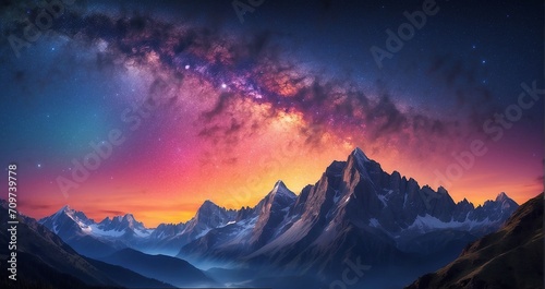 A scene of a mountain summit at twilight, capturing the transition from daylight to starry skies, with distant peaks silhouetted against a colorful sunset. AI Generative - Generative AI