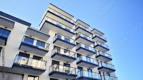 Residential area with modern apartment building. Multi Storey modern, new and stylish living block of flats.