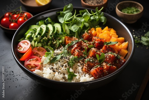 Poke Bowl with salmon, rice and vegetables in a black bowl. Hawaiian cuisine