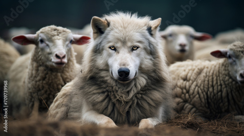 Wolf in a flock of sheep with wool clothing. Wolf pretending to be a sheep concept. photo