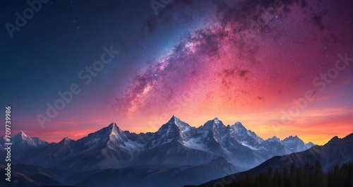 A scene of a mountain summit at twilight  capturing the transition from daylight to starry skies  with distant peaks silhouetted against a colorful sunset. AI Generative - Generative AI