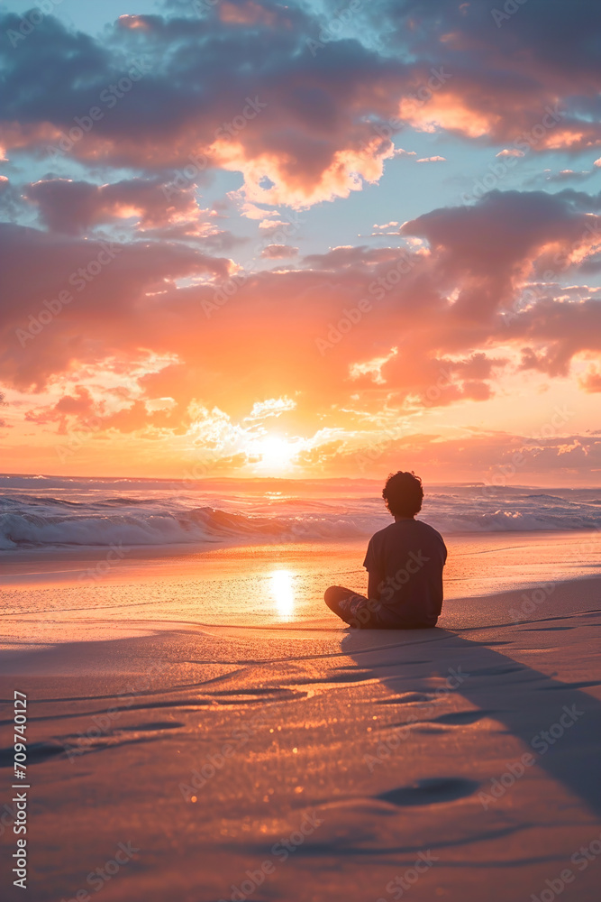 A person sitting on the sand, watching the sun dip below the horizon, and taking in the calming colors of a beach sunset.