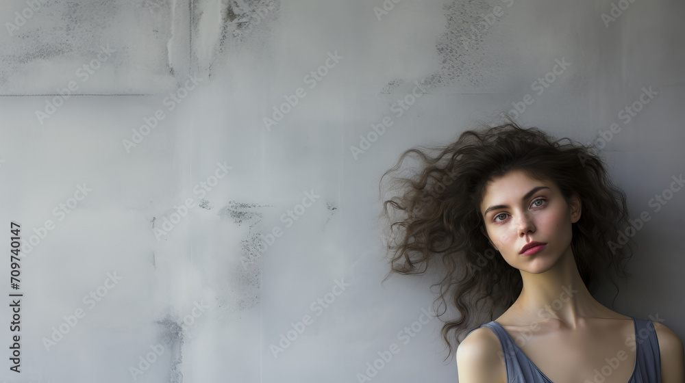 Vertical portrait of young woman with curly hair posing over white wall.