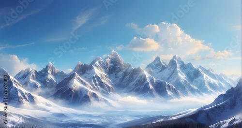 A panoramic view of majestic mountains  showcasing their grandeur and beauty - Generative AI
