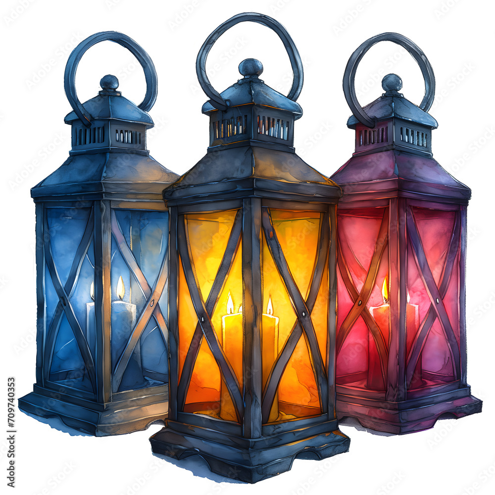 Luminous lanterns: cancer awareness ribbons illuminated by lantern light isolated on white background, sketch, png
