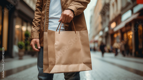 close-up of a hand holding a paper bag, shopping concept photo
