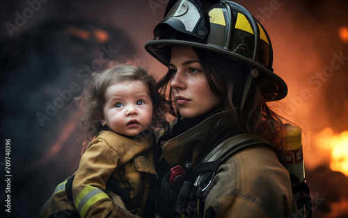 Female firefighter saving a children from flames