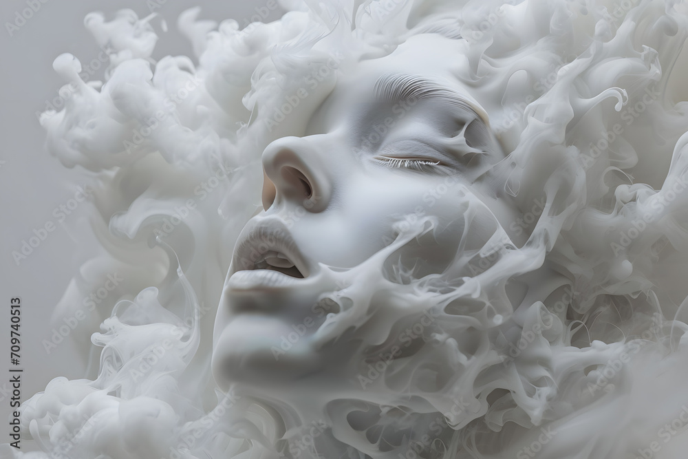 Closeup portrait of porcelain skin body woman with foggy face. Mental health concept illustration Closeup portrait of porcelain skin body woman with foggy face. Mental health concept illustration