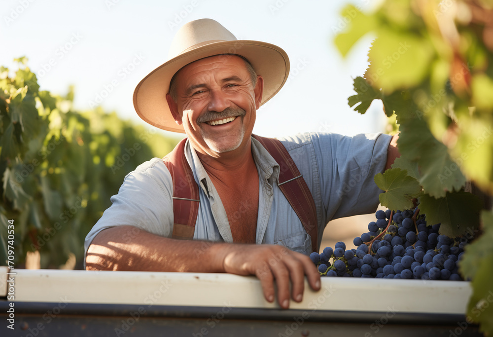 Happy farmer harvesting black grapes in the field
