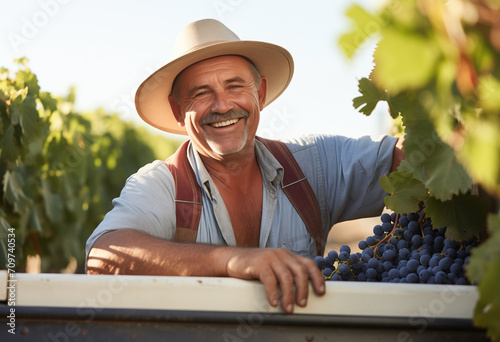 Happy farmer harvesting black grapes in the field