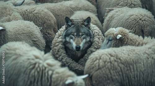 Wolf in sheep's clothing, wolf pretending to be sheep,  disguise idea photo