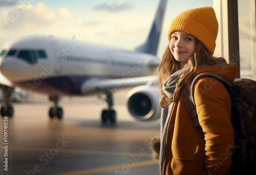 Smiling girl in the airport turning next to an airplane