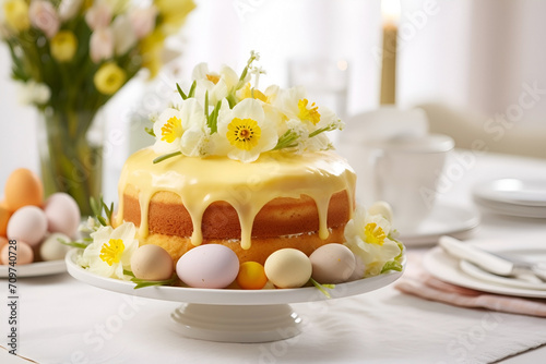 sponge cake with flowers and Easter eggs on the side photo