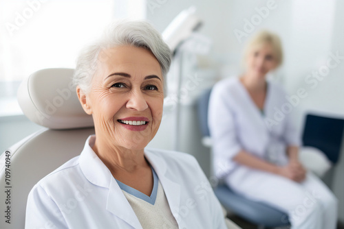 Portrait of a mature lady smiling in the dentists office generative AI image