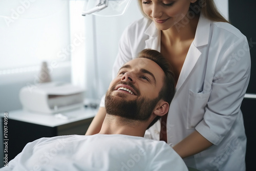 Portrait of a happy smiling person in the dentists chair in office generative AI