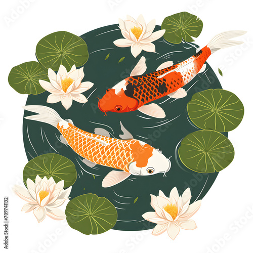 Koi pond serenity: koi fish swimming in a tranquil pond isolated on white background, pop-art, png
