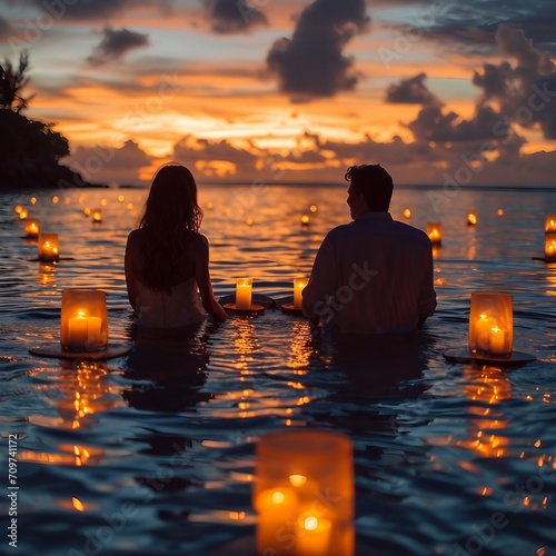 Loving couple share a romantic dinner with candles and lanterns light way at sea beach in water against wonderful sunset  holiday  relationship  romance  beach  sunset  love.