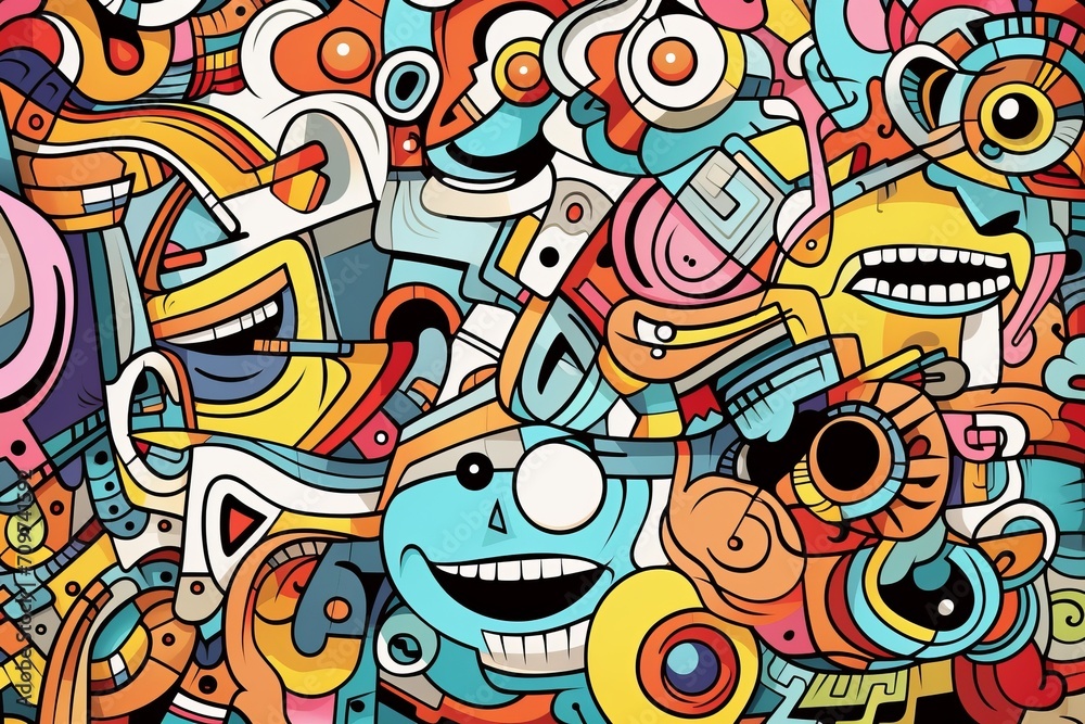 Cartoon cute doodles showcasing a detailed and surreal fusion of geometric and organic shapes in a seamless and abstract composition, Generative AI