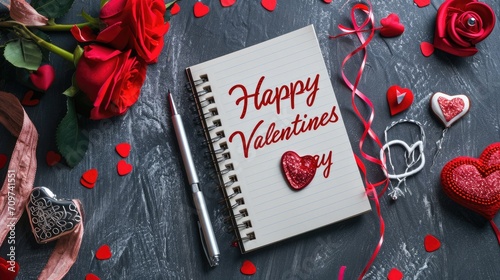 roses and notepad with drawn hearts and valentine's card on a wooden background