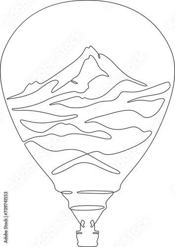 Balloon. Top of the mountain. Mountain landscape. Aerostat.Double exposure. Picture in picture.Continuous one line drawing. Lineart vector illustration.