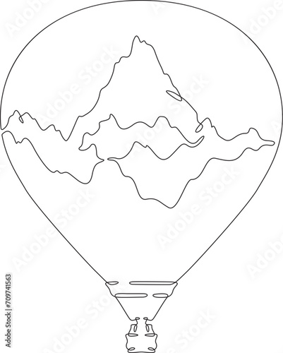 Balloon. Top of the mountain. Mountain landscape. Aerostat.Double exposure. Picture in picture.Continuous one line drawing. Lineart vector illustration.